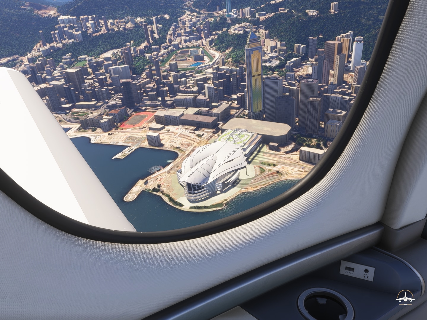 Low-level flyover above the harbour waters